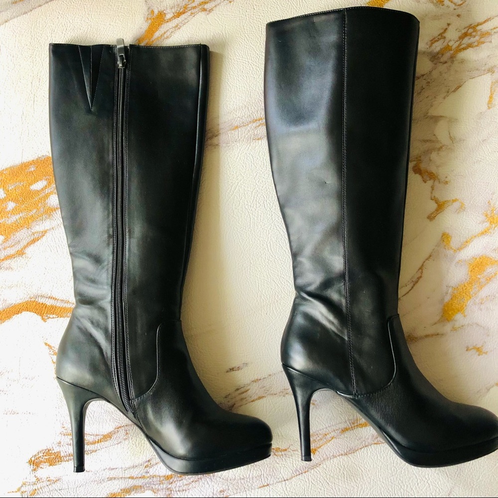 Liz Claiborne Heeled Tall Leather Boots w/Rubber Soles & Adjustable Calf Width